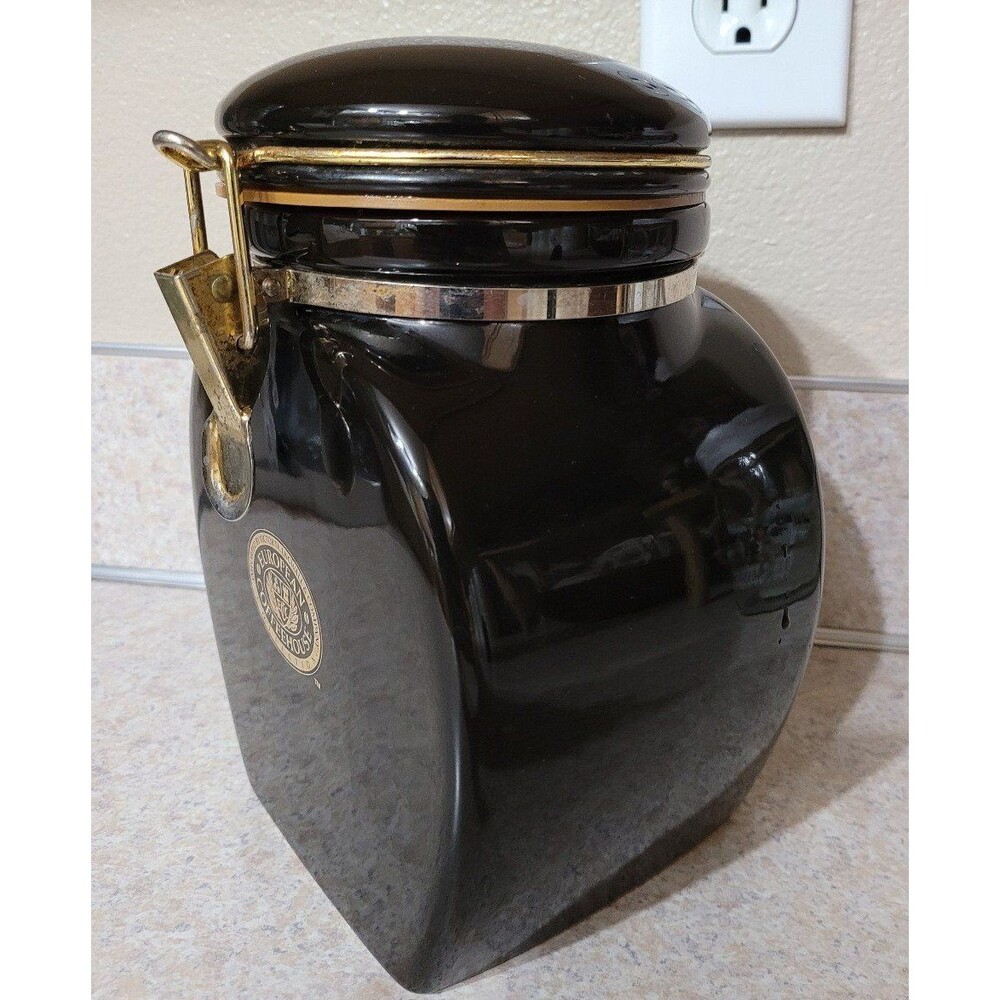 Vintage European Coffee House Collection Canister Black Ceramic Gold Trim - Picture 4 of 10